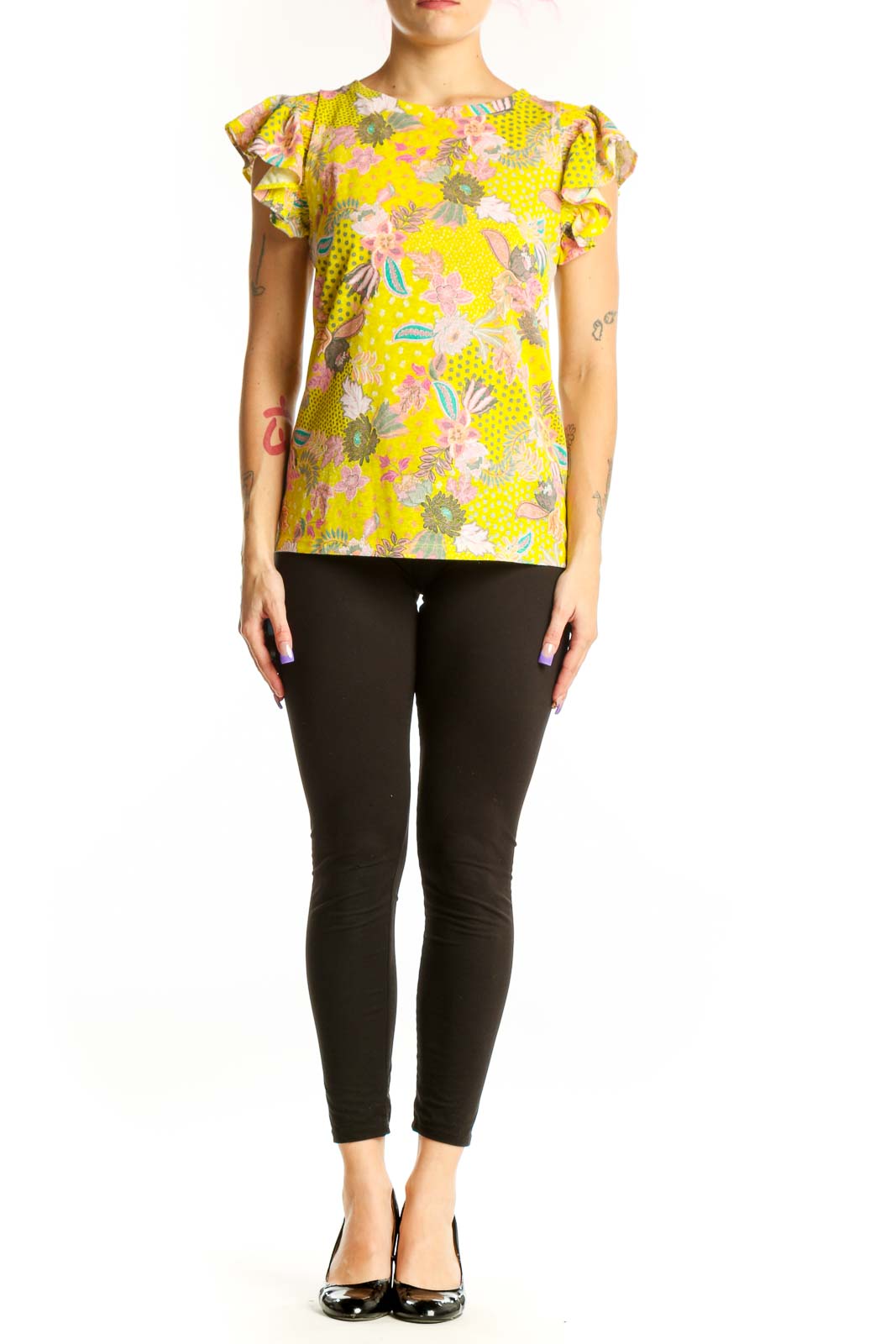 Yellow floral LOFT top with ruffle cap sleeves and botanical print, front view on model