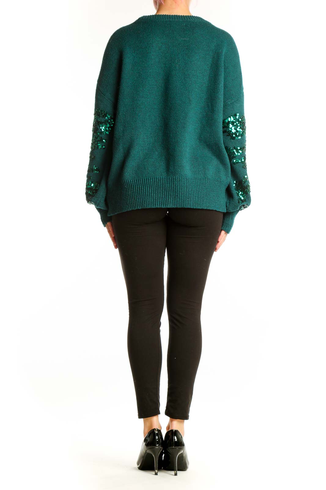Teal Nine West pullover sweater with sequin detailing, back view on model wearing black pants