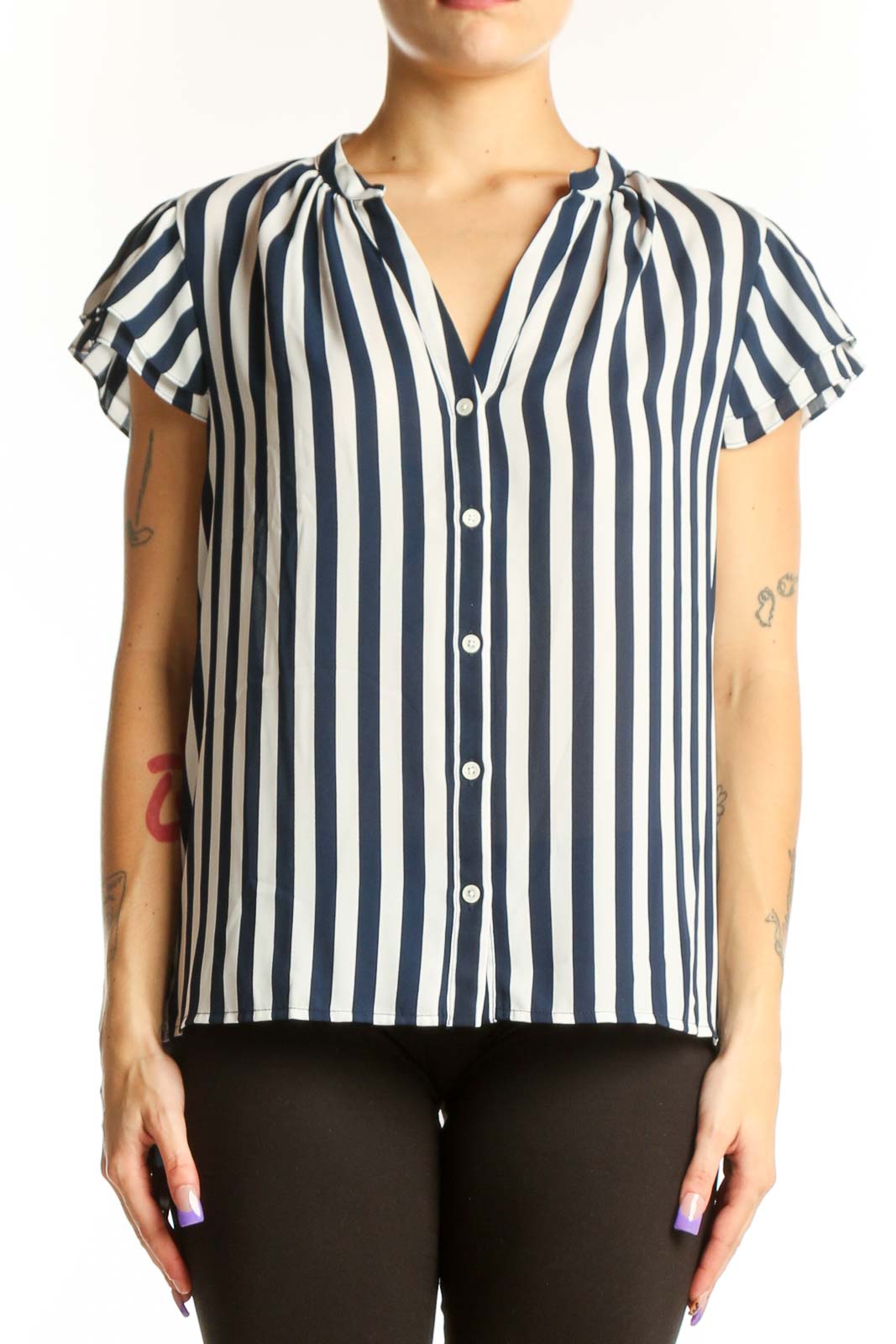 Navy and white striped short-sleeve button-up top with ruffled cap sleeves and V-neckline, front view