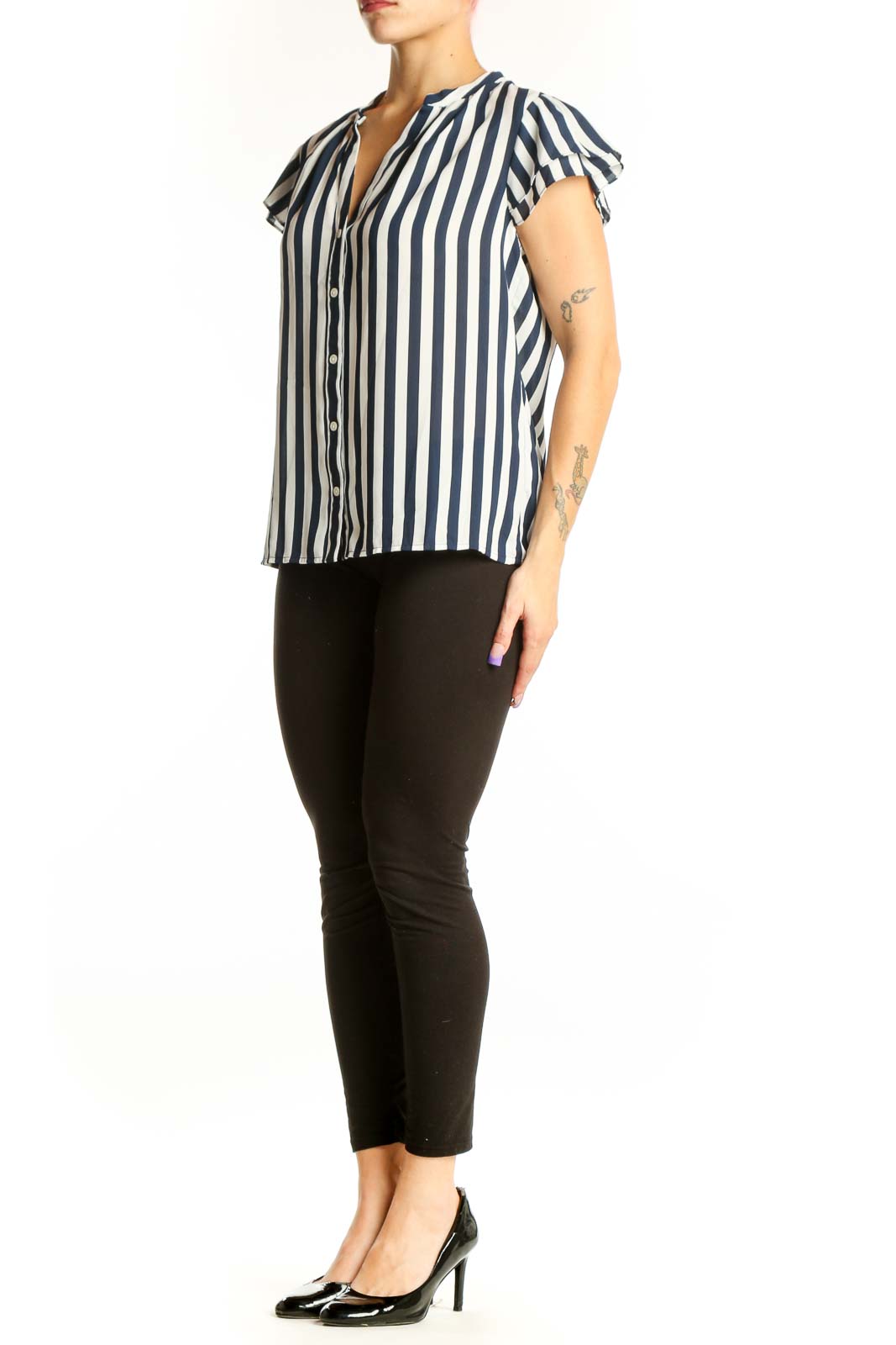 Navy and white striped short-sleeve button-up top with ruffled cap sleeves and V-neckline, front view