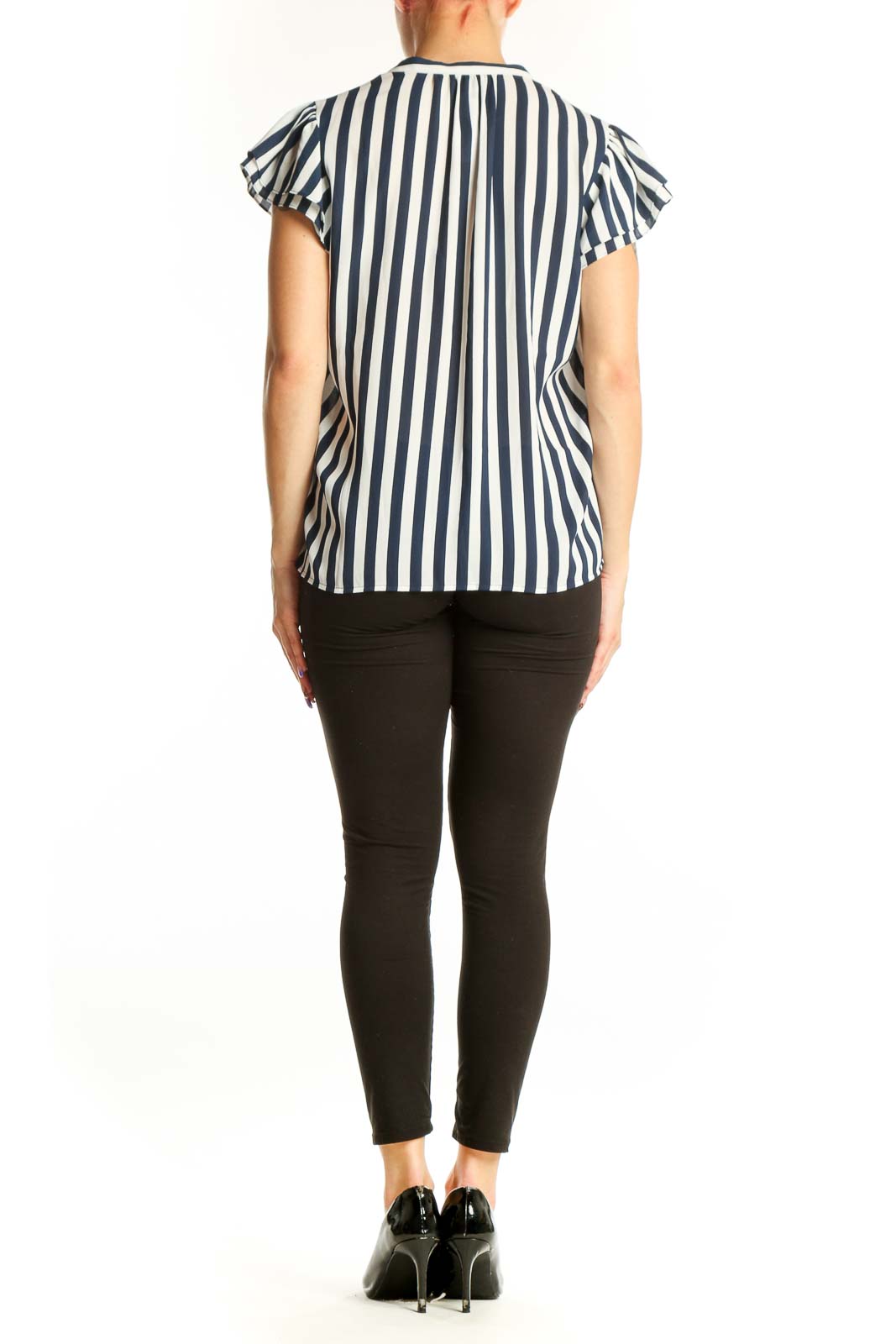 Navy and white striped short-sleeve button-up top with ruffled cap sleeves, back view