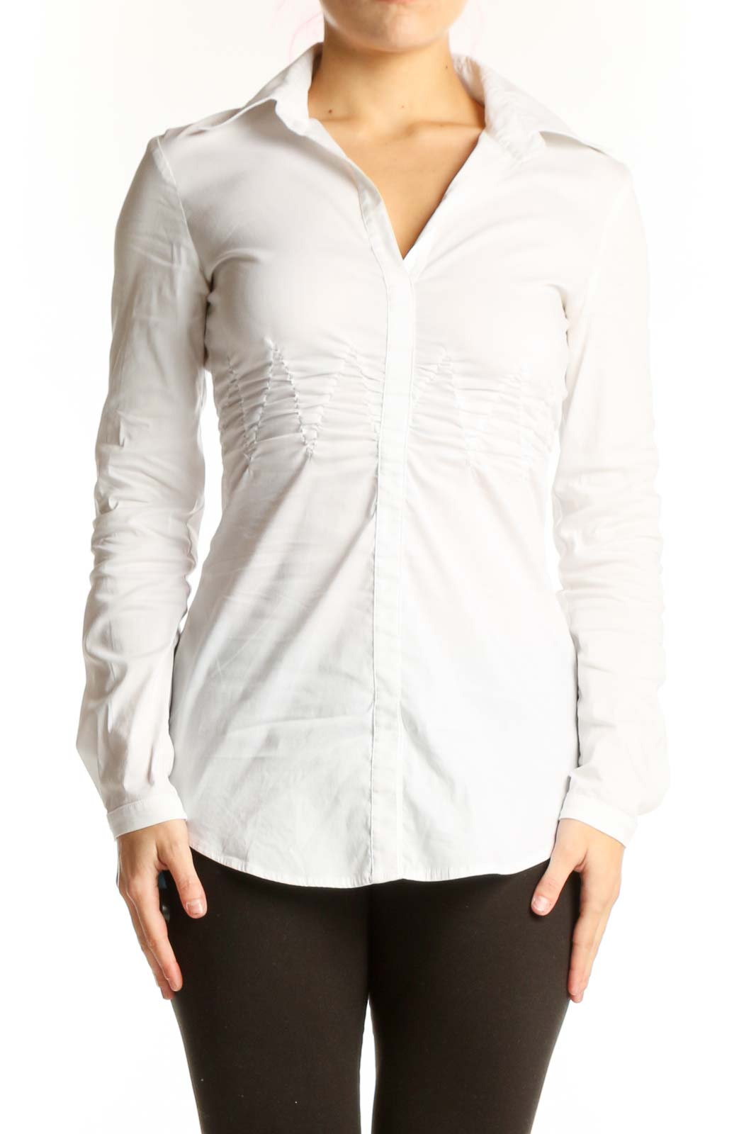 Bailey 44 white ruched button-up blouse with collared neckline and side ruching, front view on model