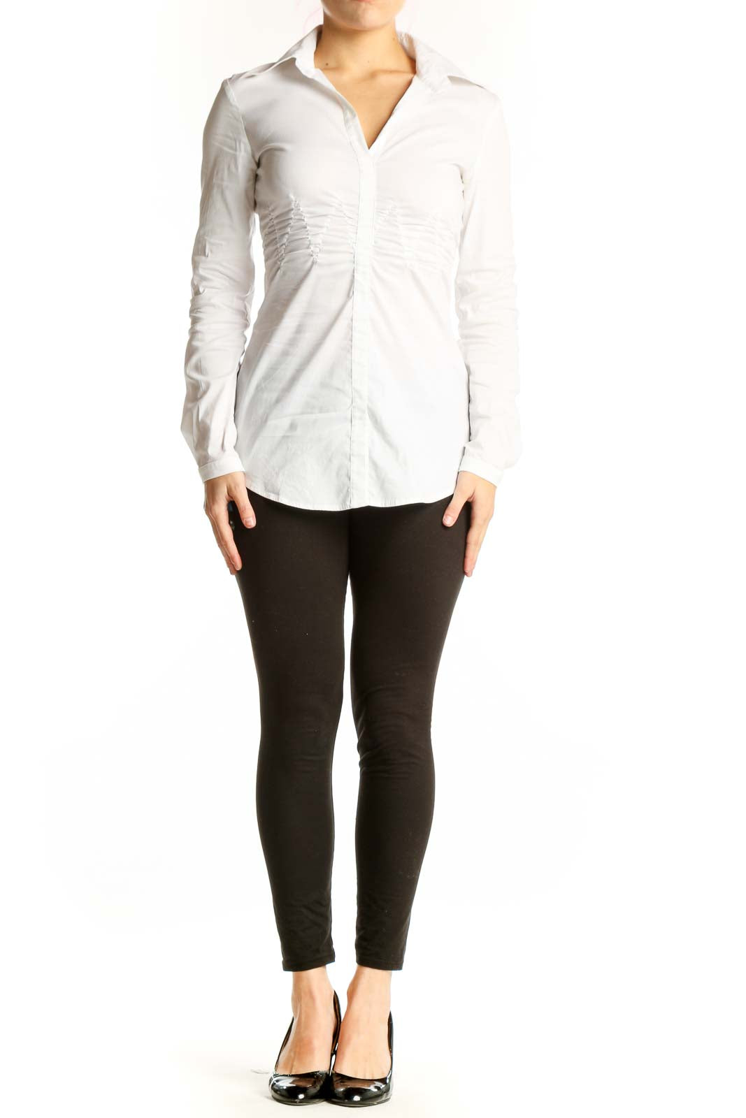 Bailey 44 white ruched button-up blouse with collared neckline and side ruching, front view on model