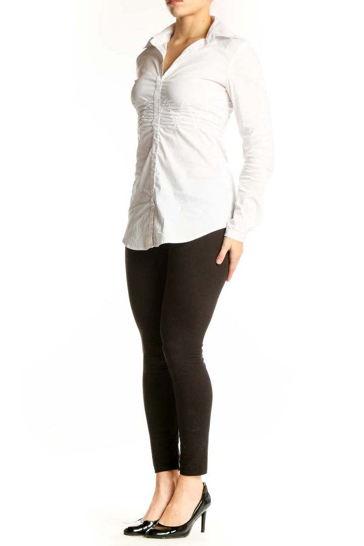 Bailey 44 white ruched button-up blouse with collared neckline and side ruching, front view on model