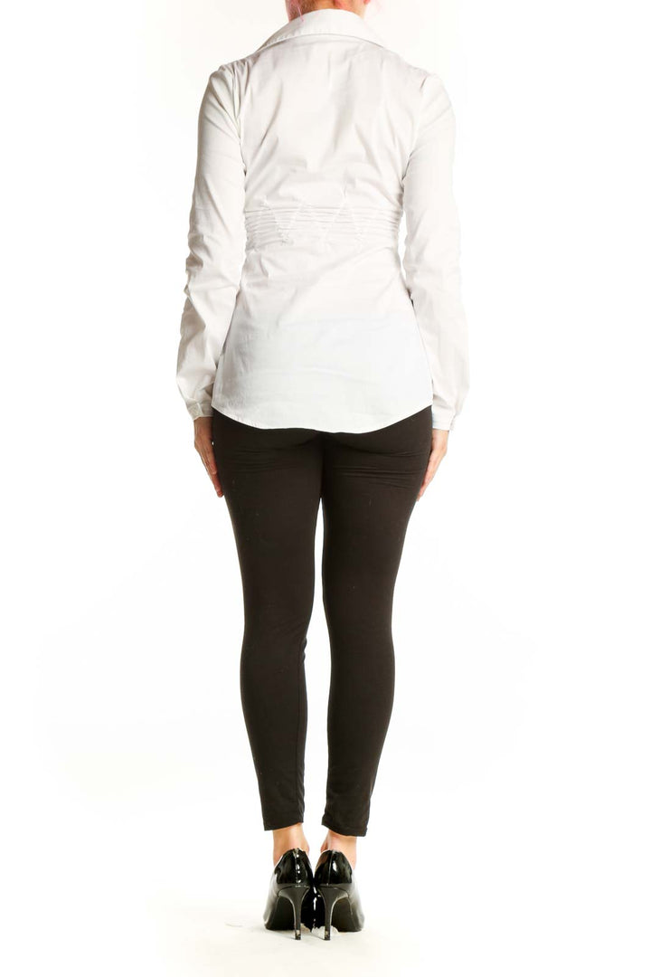 Bailey 44 white ruched button-up blouse with side ruching detail, back view on model