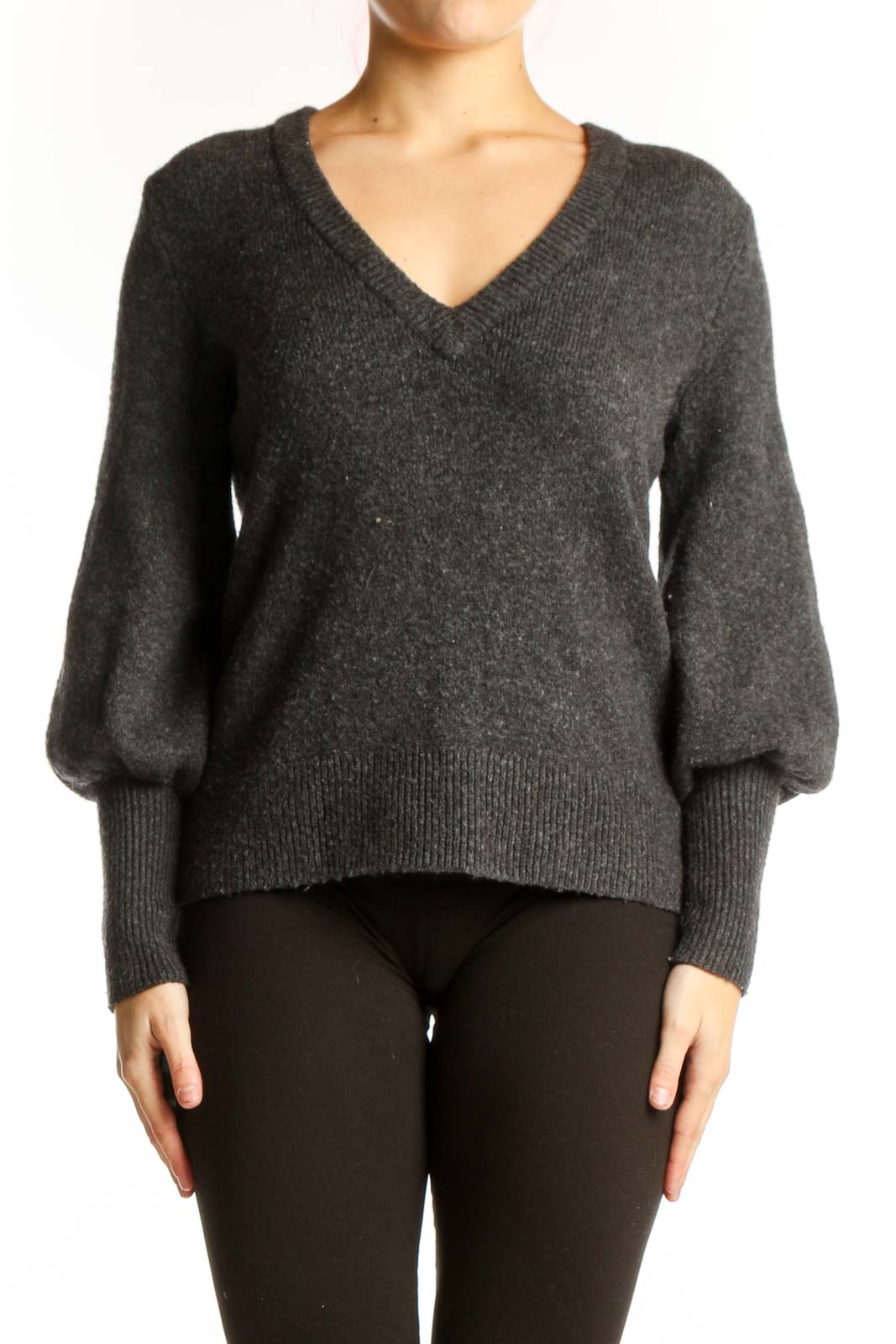 Front view of charcoal wool blend V-neck pullover sweater with puffed sleeves by Madewell