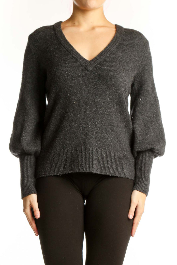 Front view of charcoal wool blend V-neck pullover sweater with puffed sleeves by Madewell