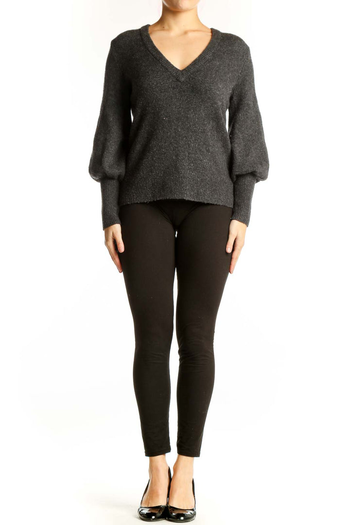 Front view of charcoal wool blend V-neck pullover sweater with puffed sleeves by Madewell