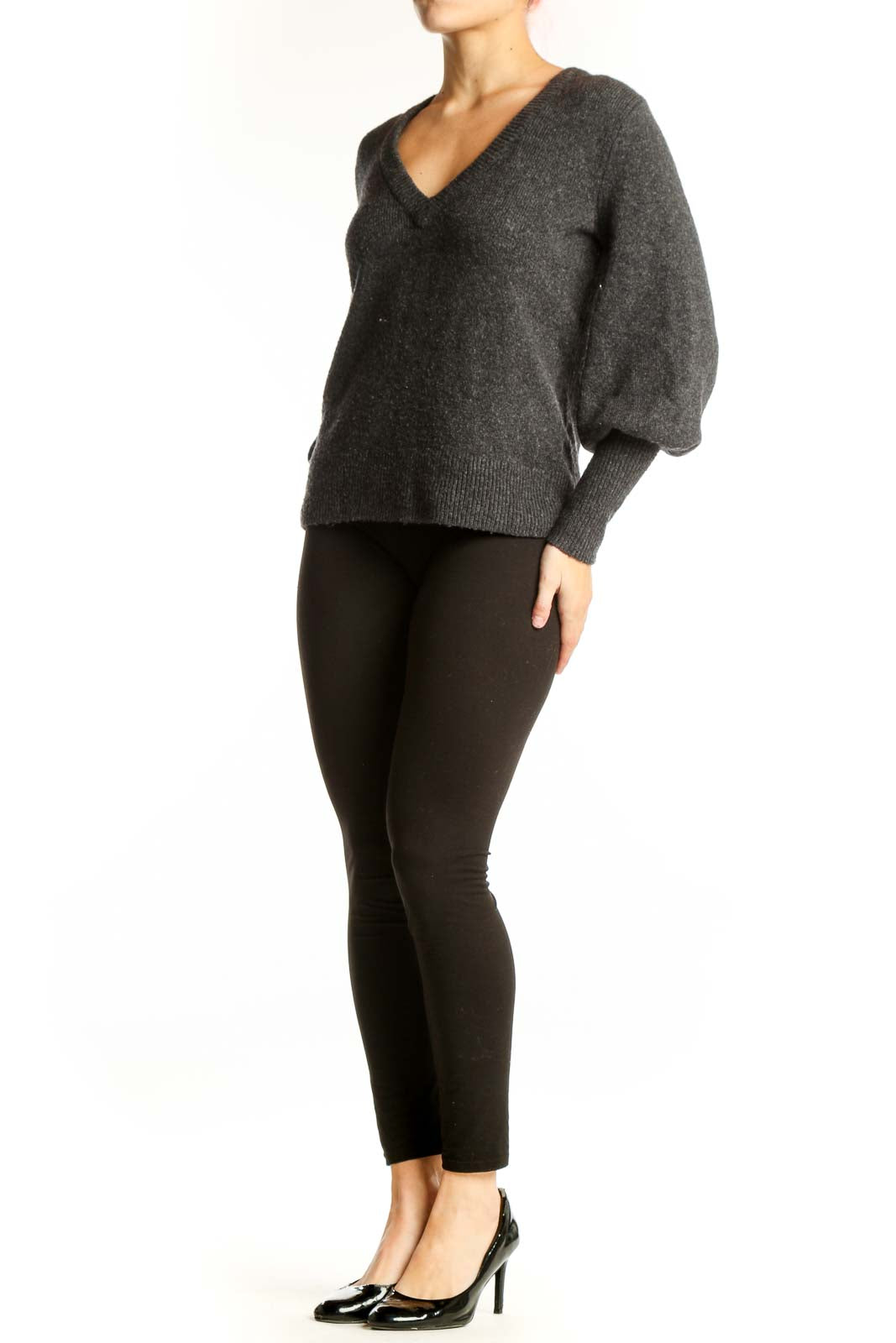 Front view of charcoal wool blend V-neck pullover sweater with puffed sleeves by Madewell