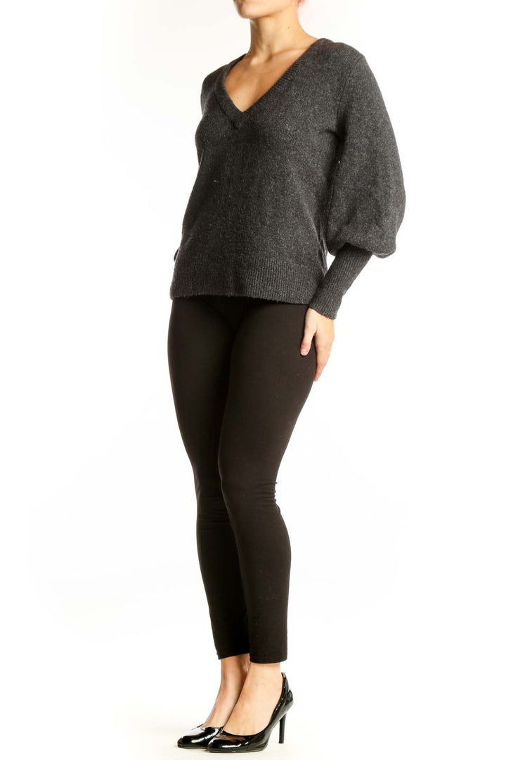 Front view of charcoal wool blend V-neck pullover sweater with puffed sleeves by Madewell