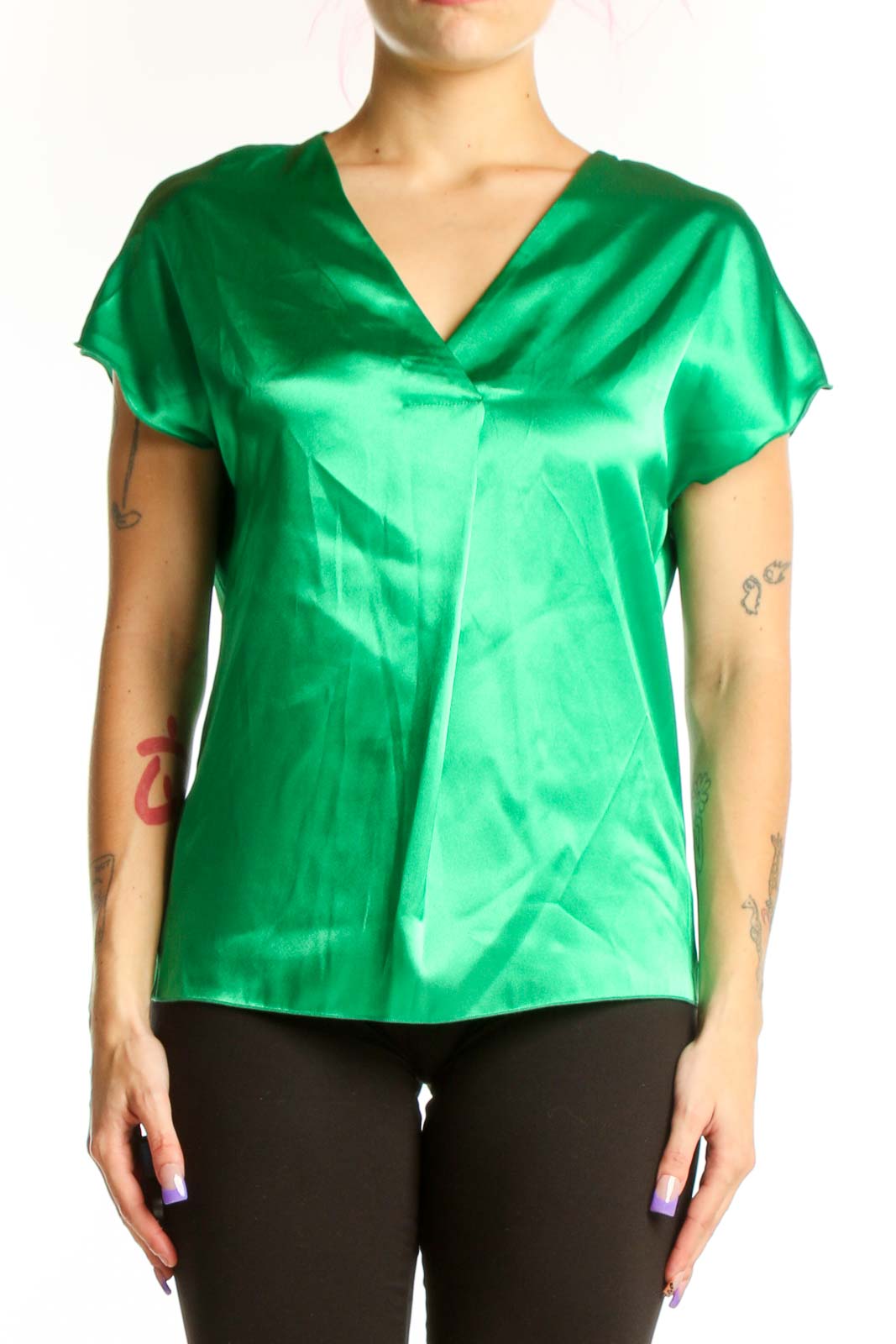 Front view of green satin V-neck short sleeve top by Nicole Miller New York, size XS