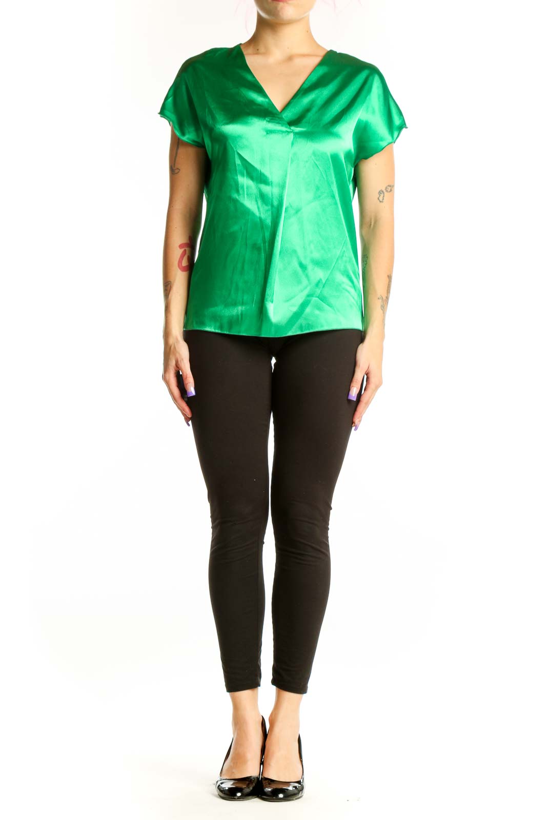 Front view of green satin V-neck short sleeve top by Nicole Miller New York, size XS