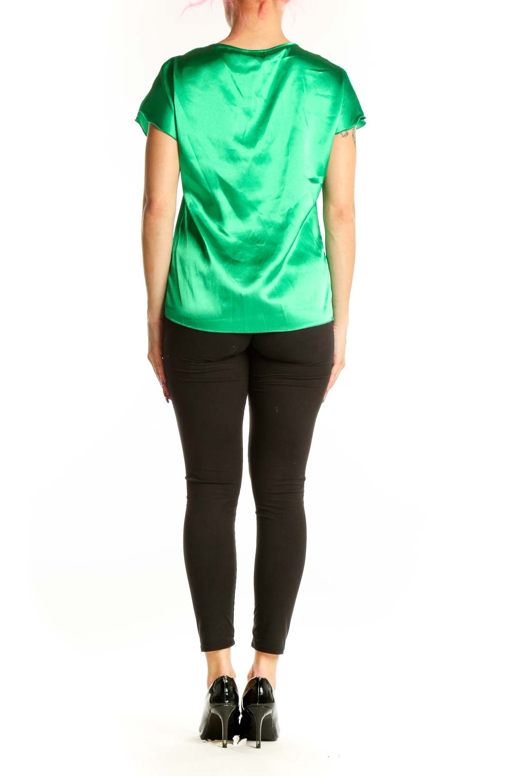 Back view of green satin V-neck short sleeve top by Nicole Miller New York, size XS