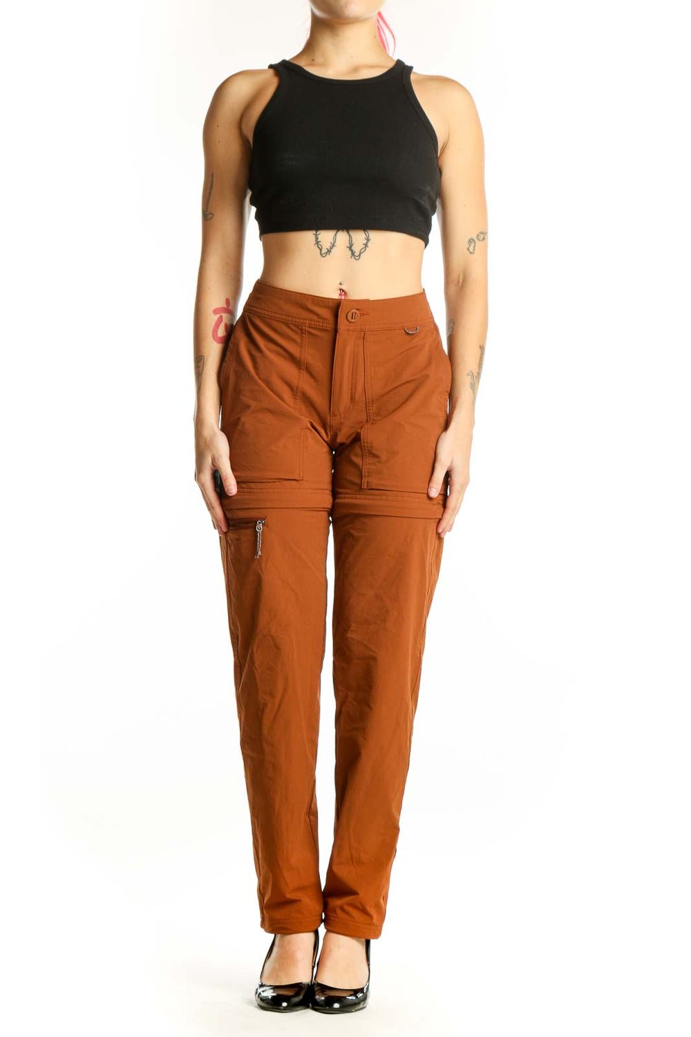 Front view of rust brown convertible cargo pants with zip-off legs and cargo pockets, size XS