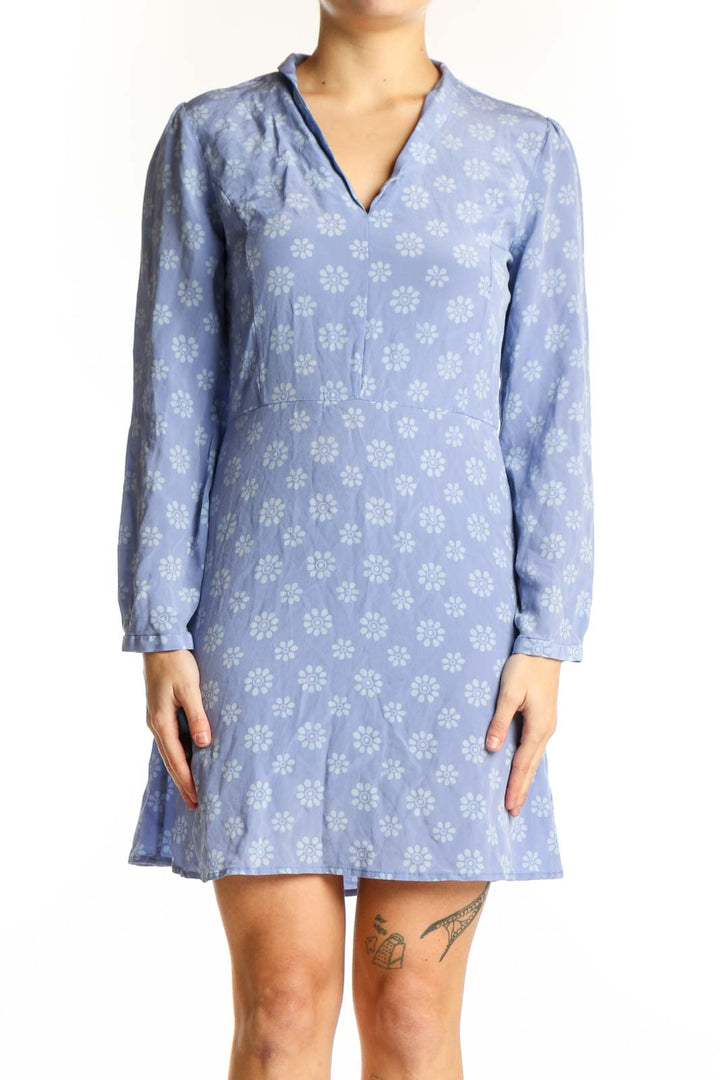 Blue floral silk dress with long sleeves and V-neckline, front view