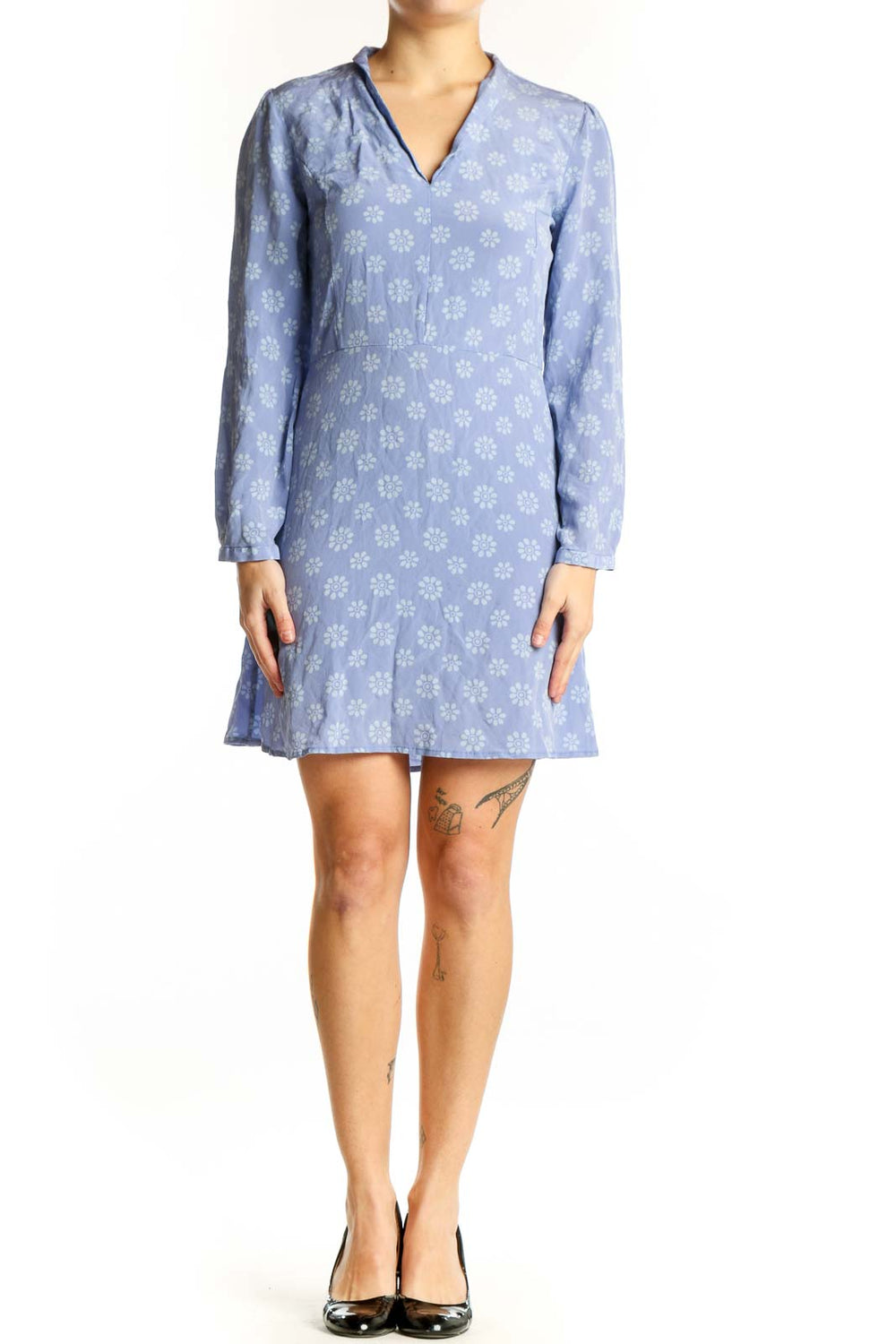 Blue floral silk dress with long sleeves and V-neckline, front view