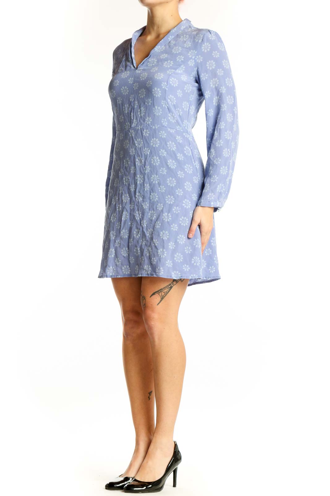 Blue floral silk dress with long sleeves and V-neckline, front view