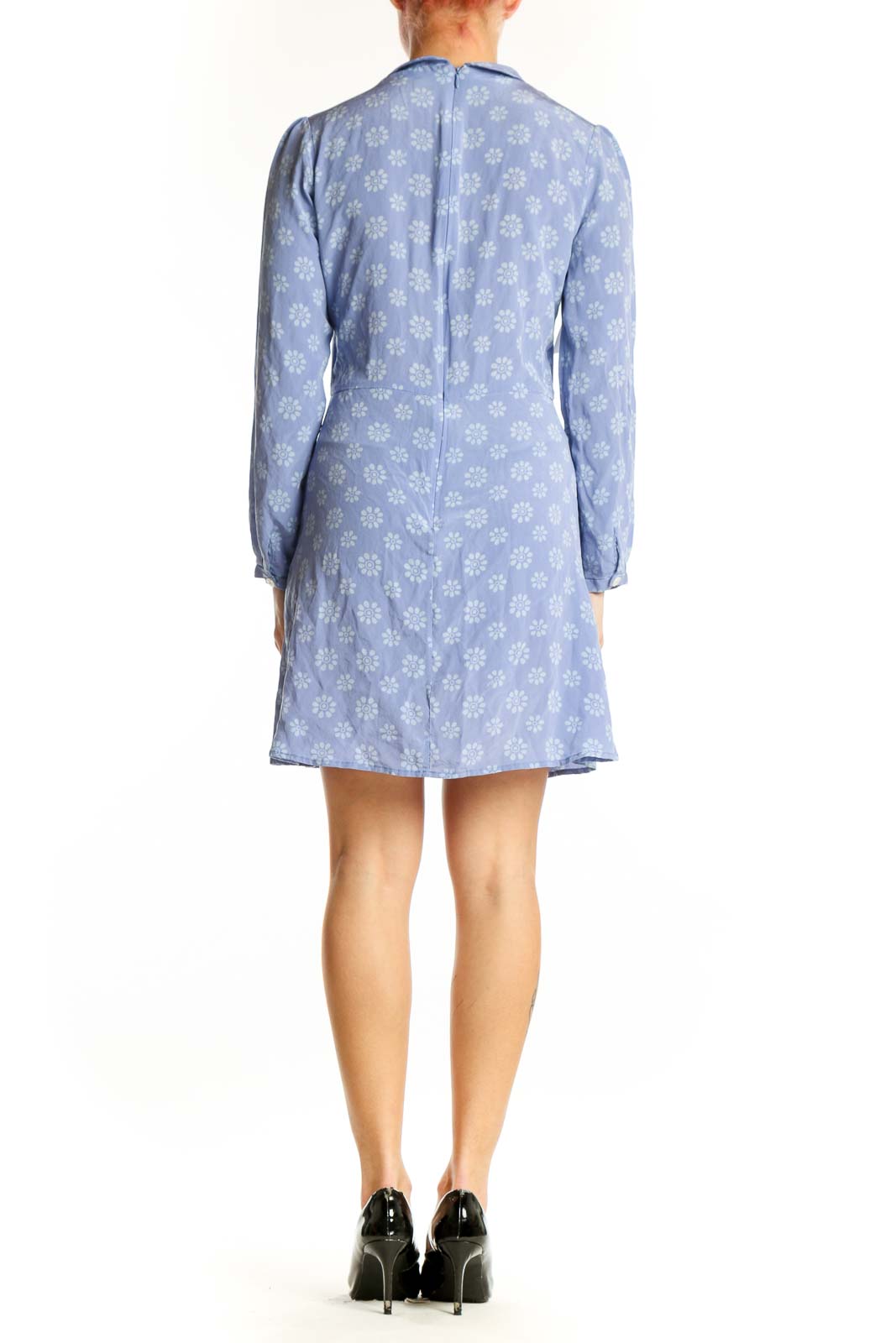 Blue floral silk dress with long sleeves and V-neckline, back view