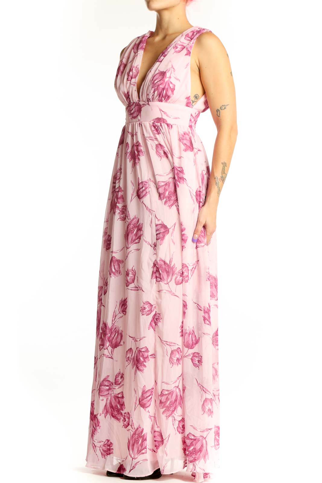 Pink floral V-neck sleeveless maxi dress with empire waist and flowing skirt, front view