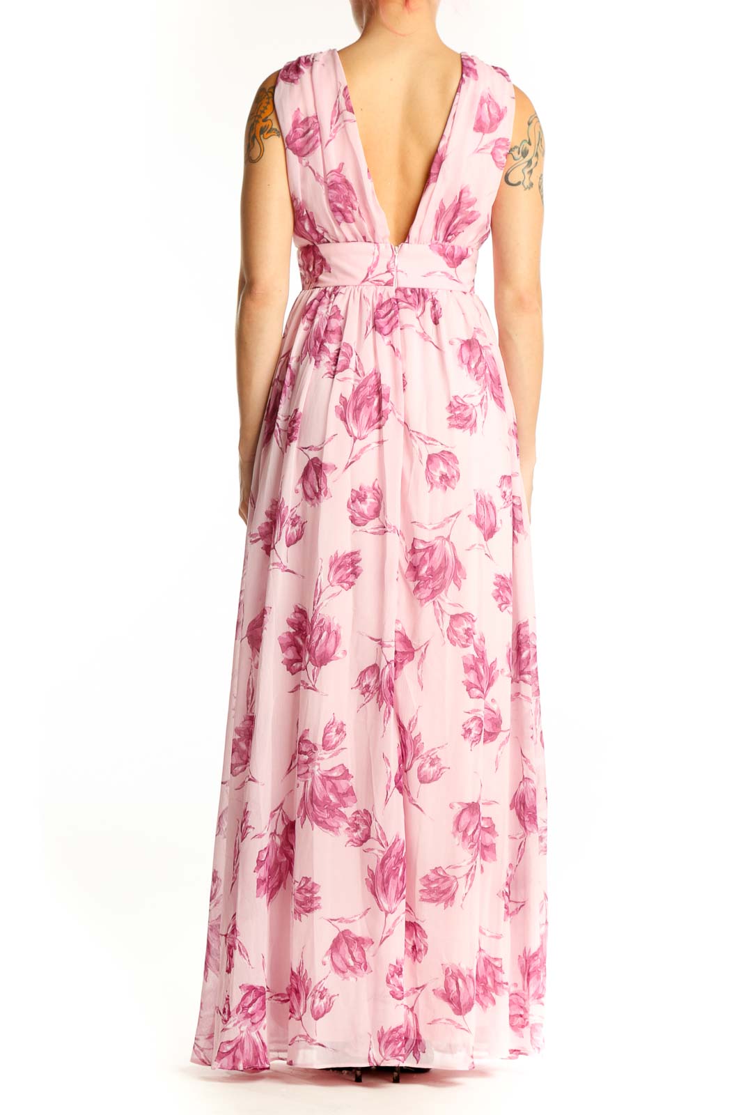 Pink floral V-neck sleeveless maxi dress with empire waist and flowing skirt, back view
