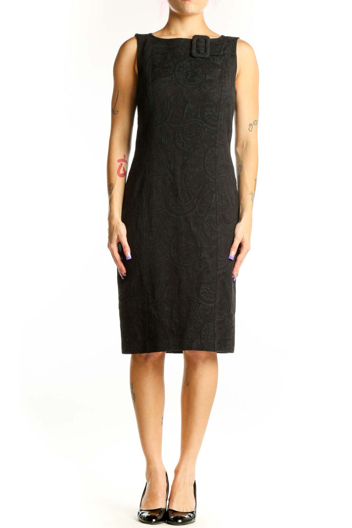 Black jacquard sleeveless sheath dress with crew neckline and buckle shoulder detail, front view