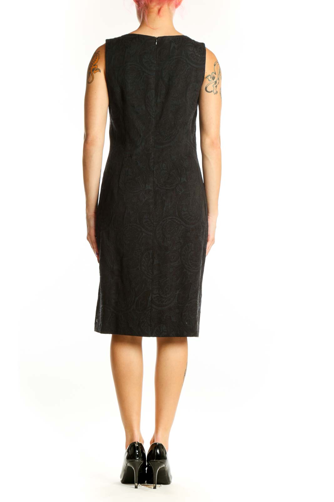 Black jacquard sleeveless sheath dress with fitted silhouette, back view