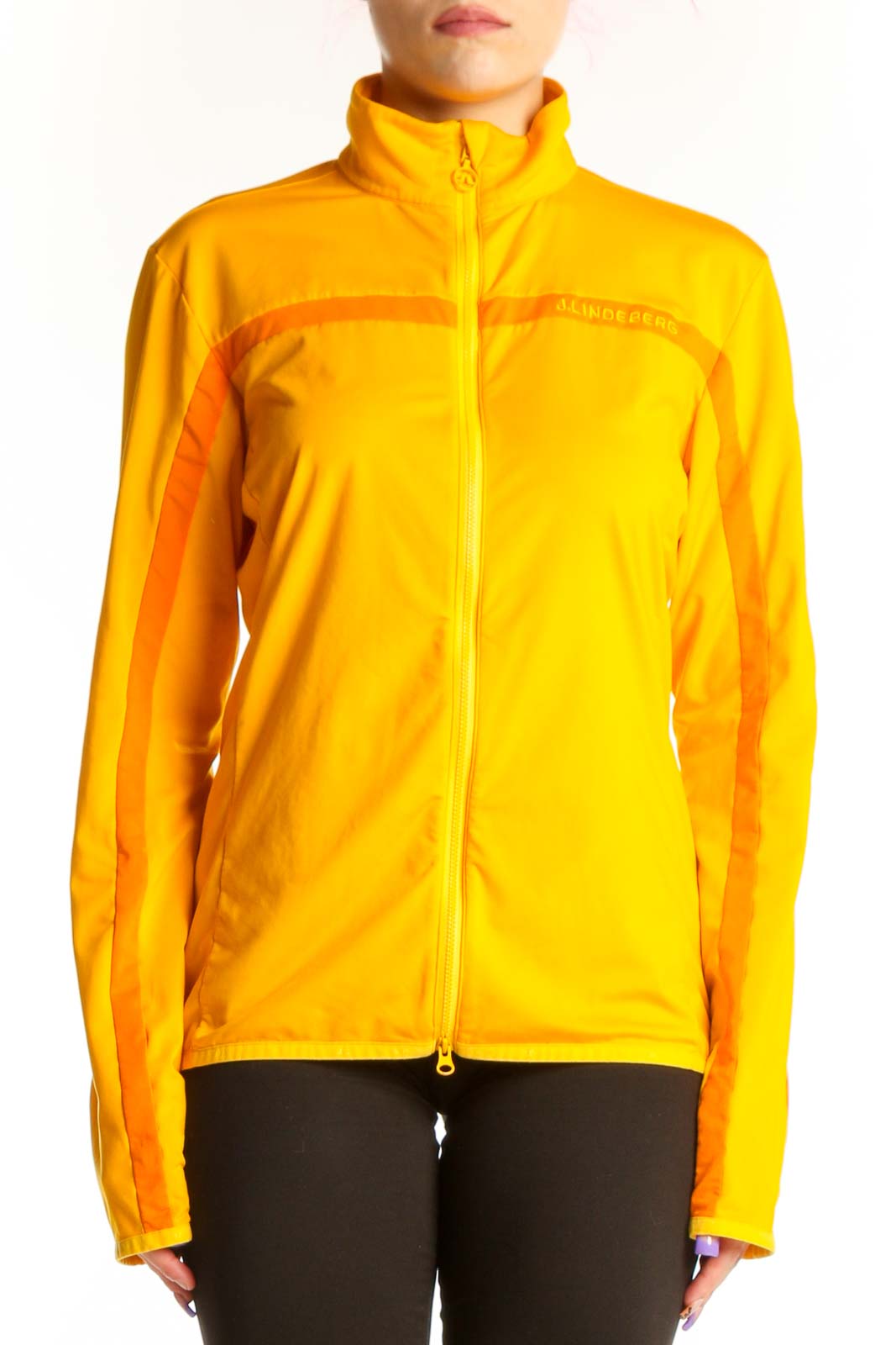 Front view of yellow J. Lindbergh windbreaker jacket with orange side accents and full front zip closure