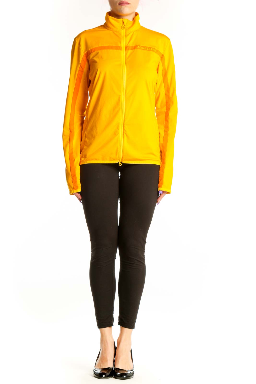 Front view of yellow J. Lindbergh windbreaker jacket with orange side accents and full front zip closure