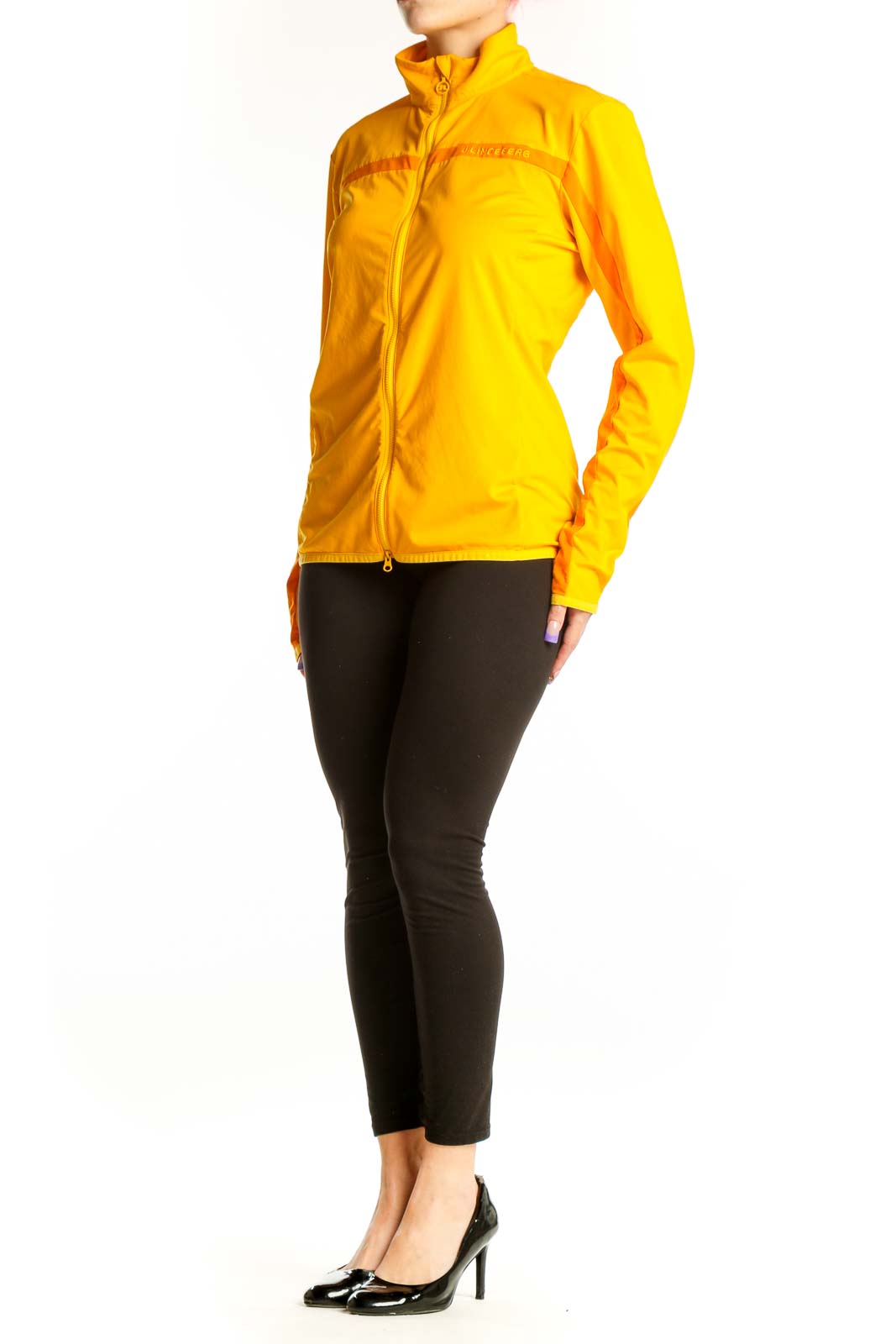 Front view of yellow J. Lindbergh windbreaker jacket with orange side accents and full front zip closure