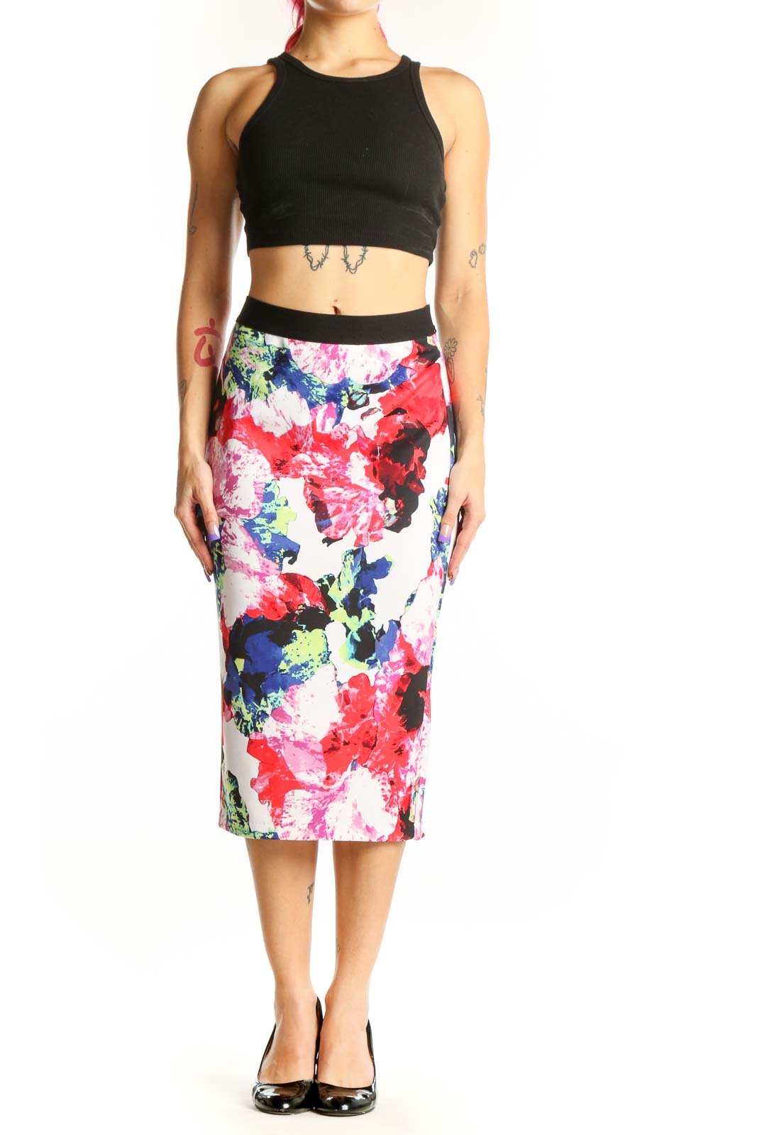 Multicolor floral pencil skirt with watercolor print in red, pink, navy, yellow, and white, featuring black elastic waistband