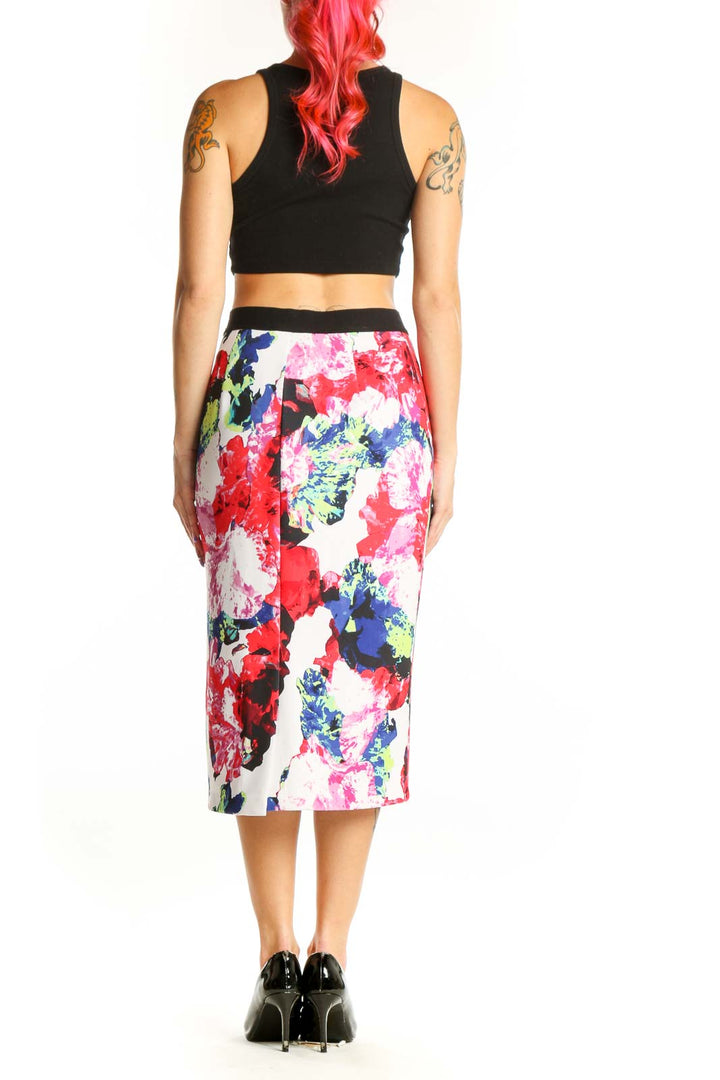 Back view of multicolor floral pencil skirt showing fitted silhouette and vibrant watercolor floral pattern