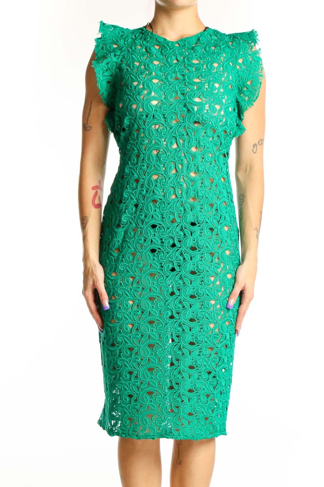 Green lace ruffle sleeve midi dress by Zara Woman with intricate lace detailing and fitted silhouette