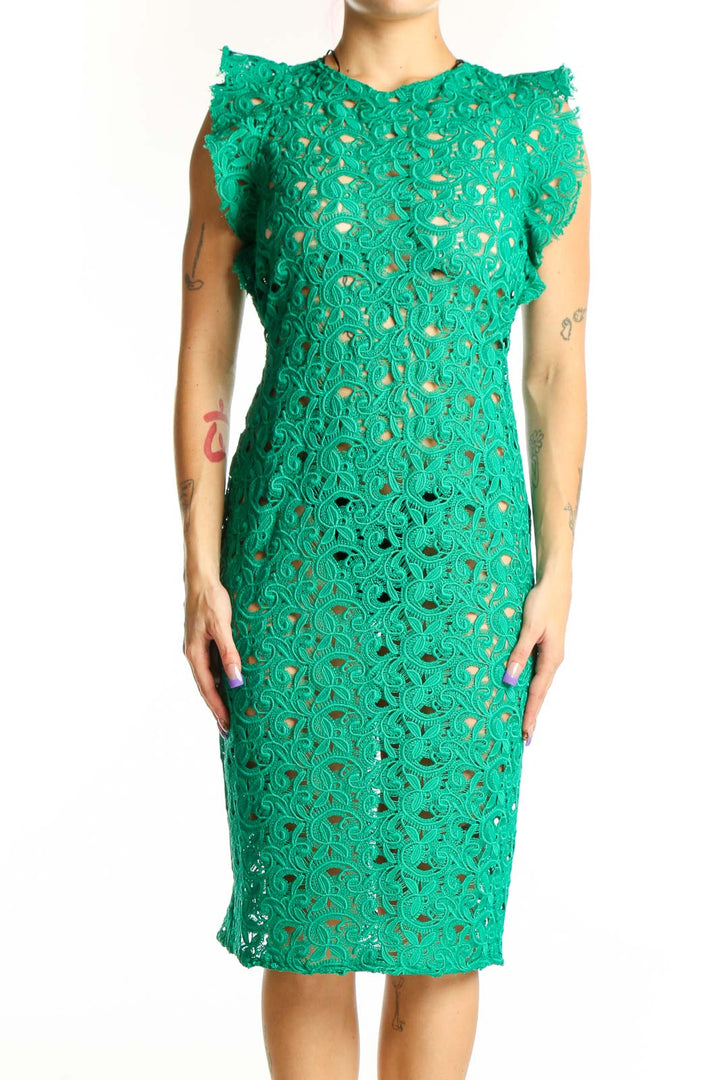 Green lace ruffle sleeve midi dress by Zara Woman with intricate lace detailing and fitted silhouette