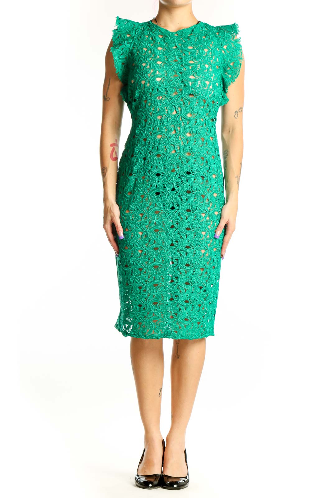 Green lace ruffle sleeve midi dress by Zara Woman with intricate lace detailing and fitted silhouette