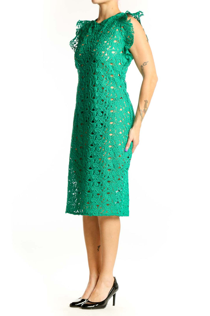 Green lace ruffle sleeve midi dress by Zara Woman with intricate lace detailing and fitted silhouette