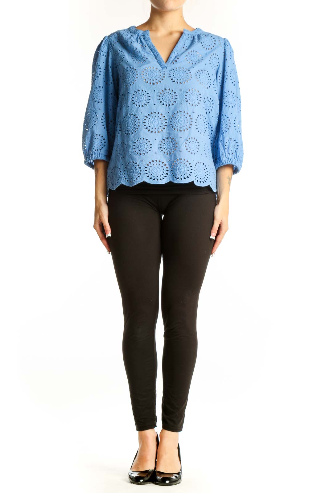 Front view of blue cotton eyelet lace blouse with V-neck and three-quarter sleeves