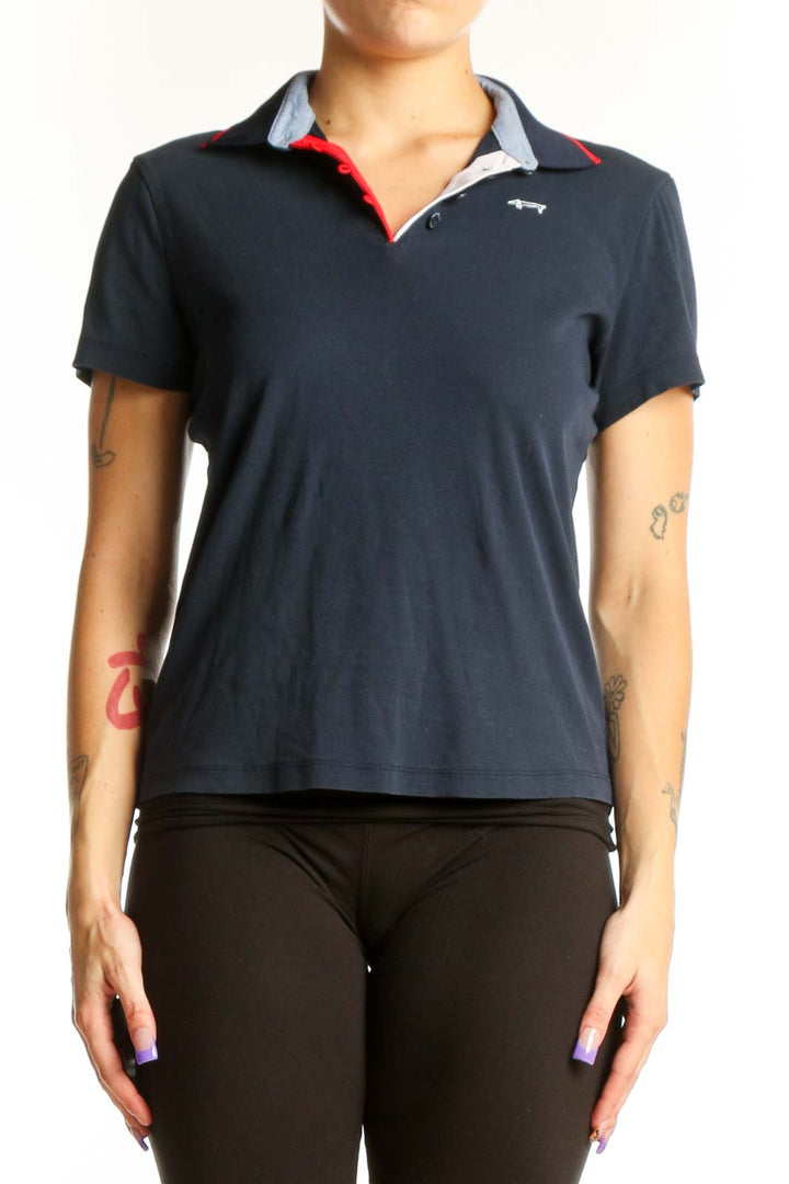 Navy cotton polo shirt with red and gray contrast collar by Louis Castel, front view