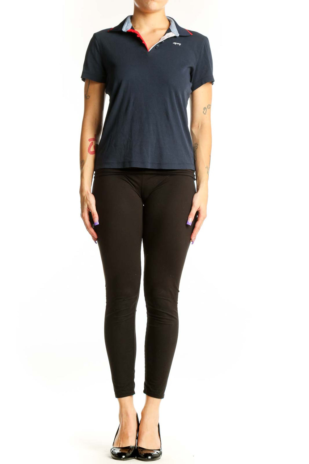 Navy cotton polo shirt with red and gray contrast collar by Louis Castel, front view