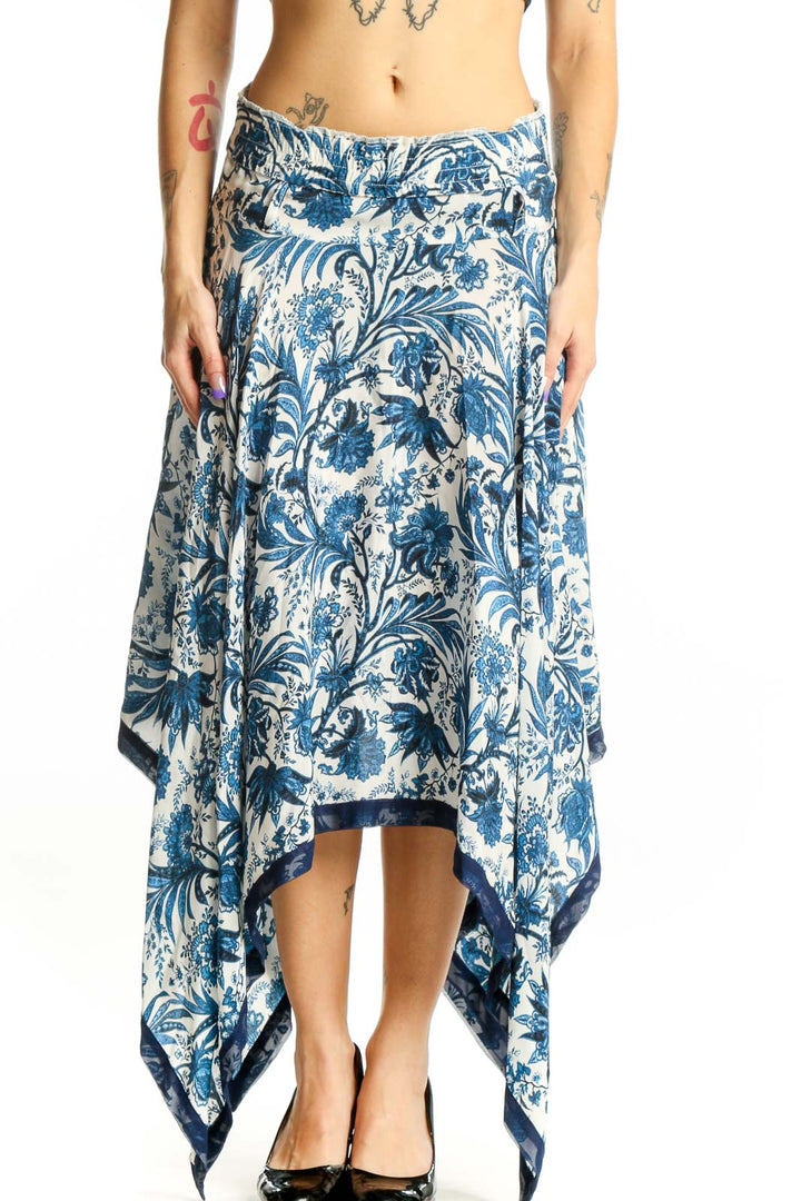 SilkRoll blue and cream floral handkerchief hem skirt with asymmetrical flowing design, front view