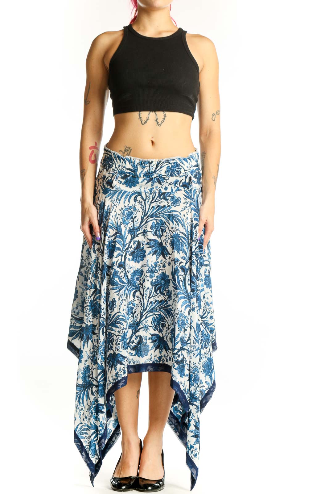 SilkRoll blue and cream floral handkerchief hem skirt with asymmetrical flowing design, front view