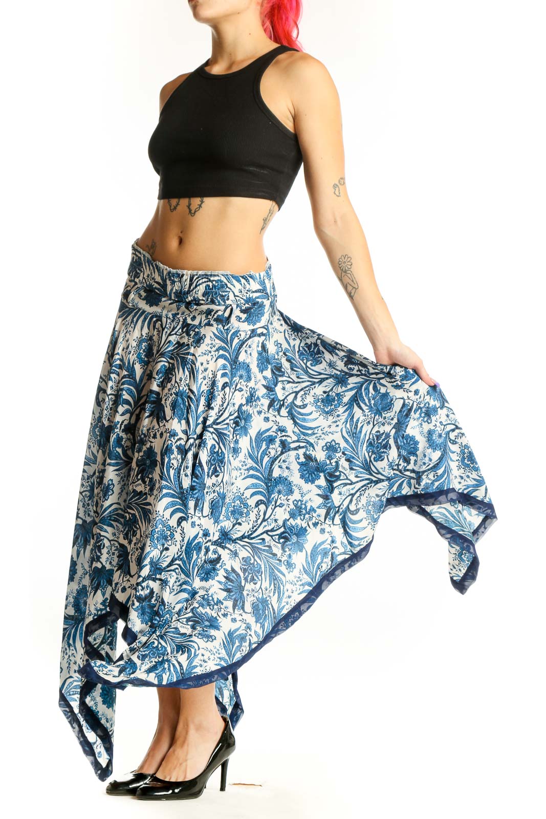 SilkRoll blue and cream floral handkerchief hem skirt with asymmetrical flowing design, front view