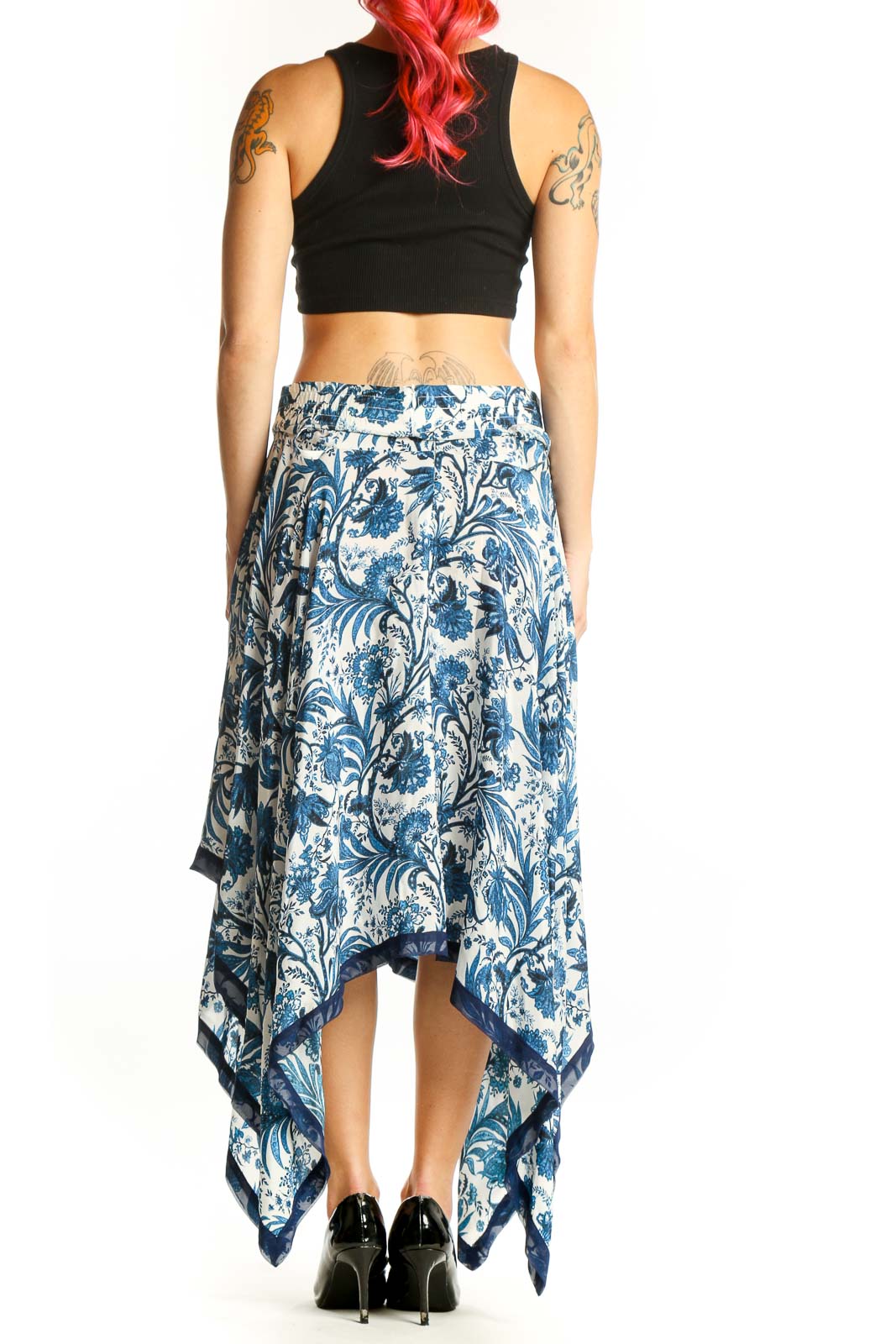 SilkRoll blue floral handkerchief hem skirt back view showing flowing asymmetrical silhouette
