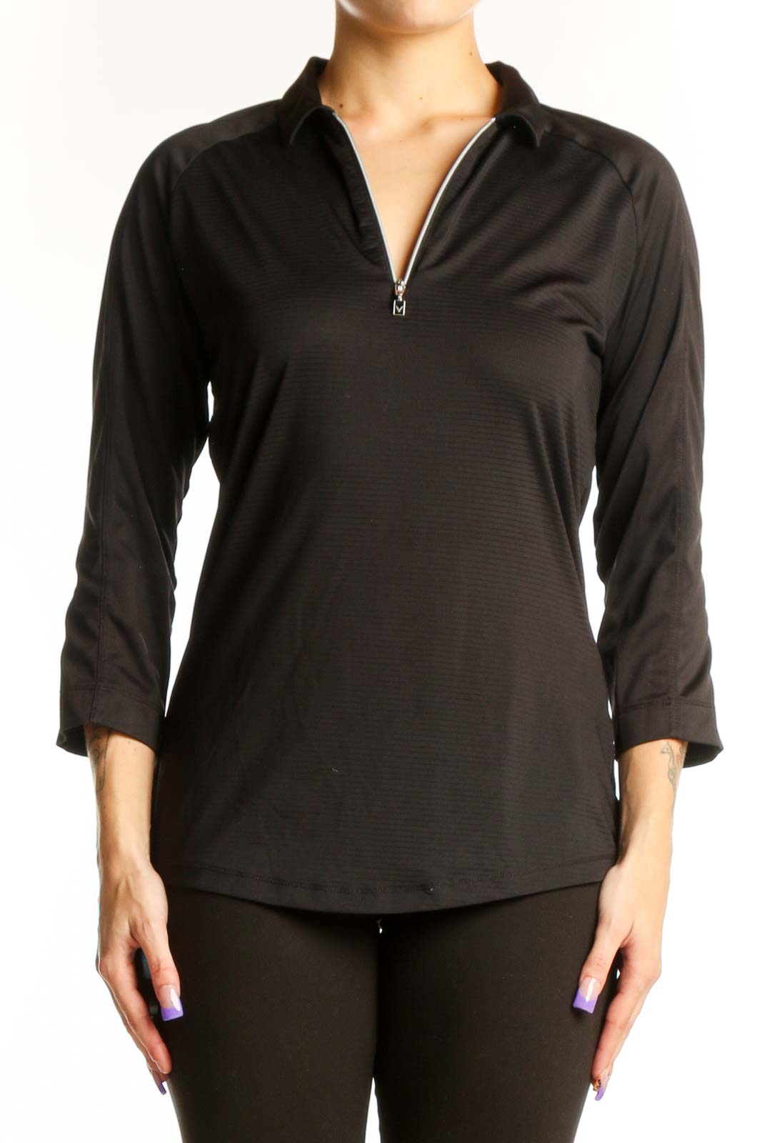 Black Quarter-Zip Athletic Top by Callaway with three-quarter sleeves and textured fabric, front view