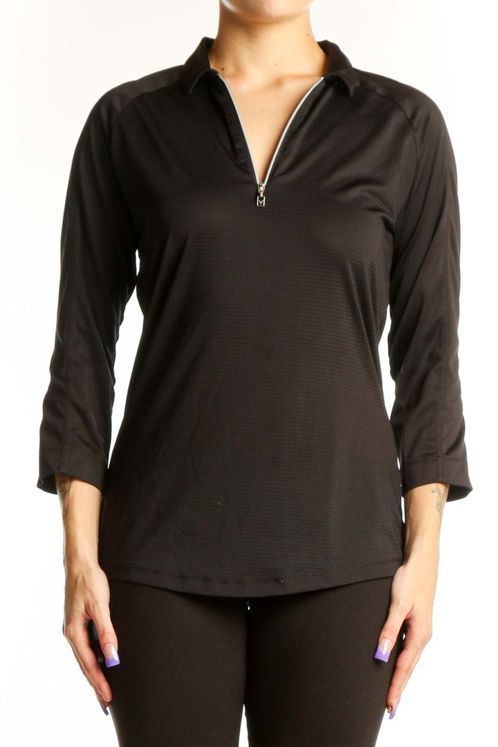 Black Quarter-Zip Athletic Top by Callaway with three-quarter sleeves and textured fabric, front view