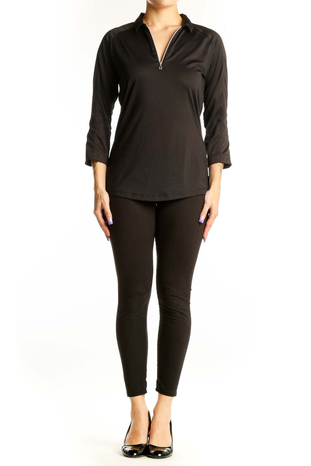 Black Quarter-Zip Athletic Top by Callaway with three-quarter sleeves and textured fabric, front view