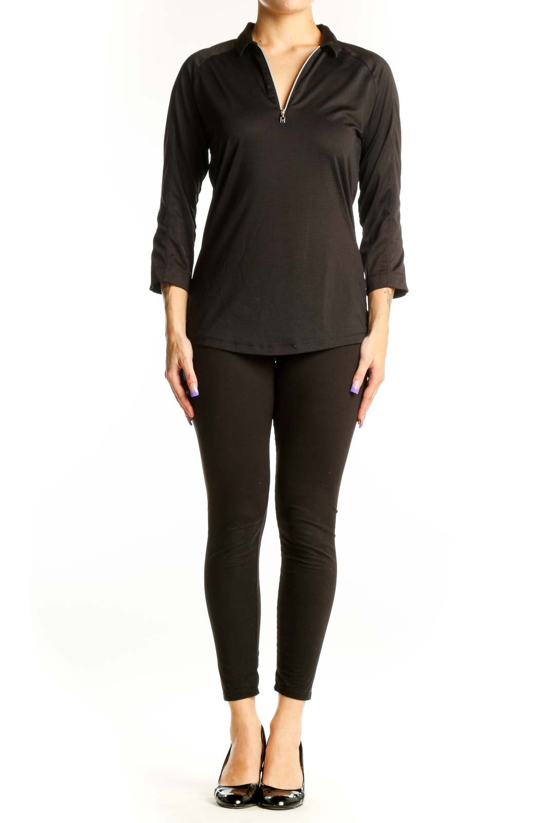 Black Quarter-Zip Athletic Top by Callaway with three-quarter sleeves and textured fabric, front view