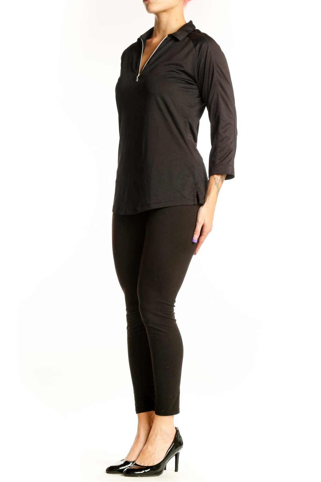 Black Quarter-Zip Athletic Top by Callaway with three-quarter sleeves and textured fabric, front view