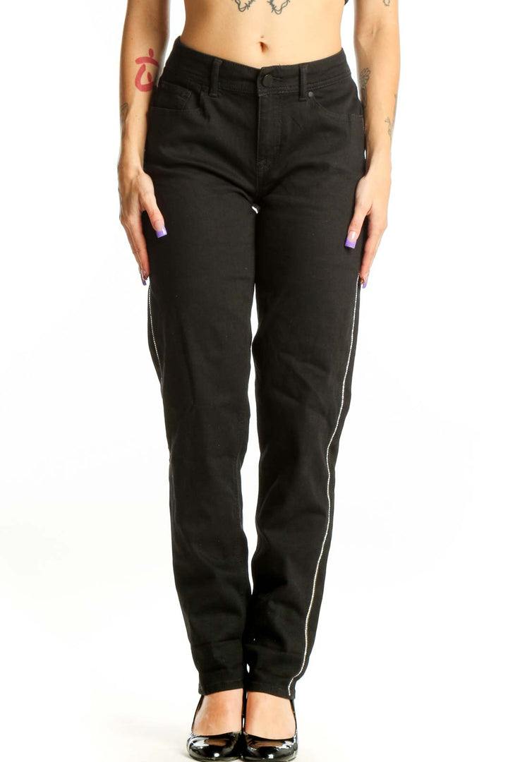 Black Jordache denim jeans with side stripe, straight-leg cut, front view on model