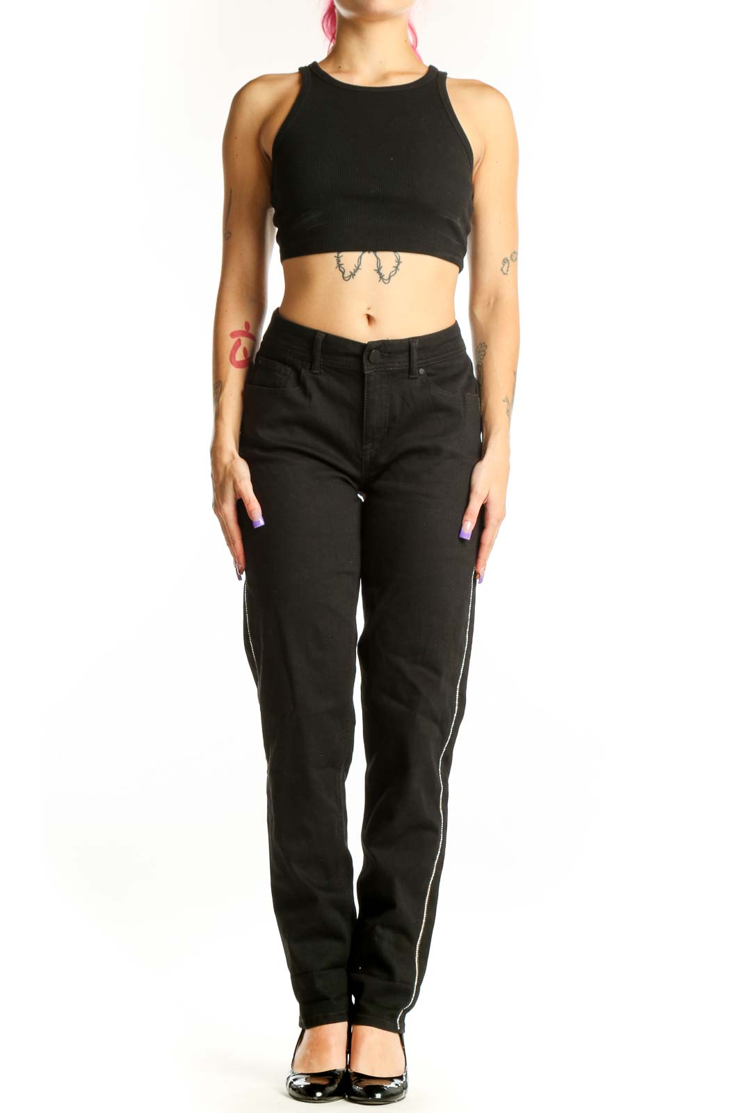 Black Jordache denim jeans with side stripe, straight-leg cut, front view on model