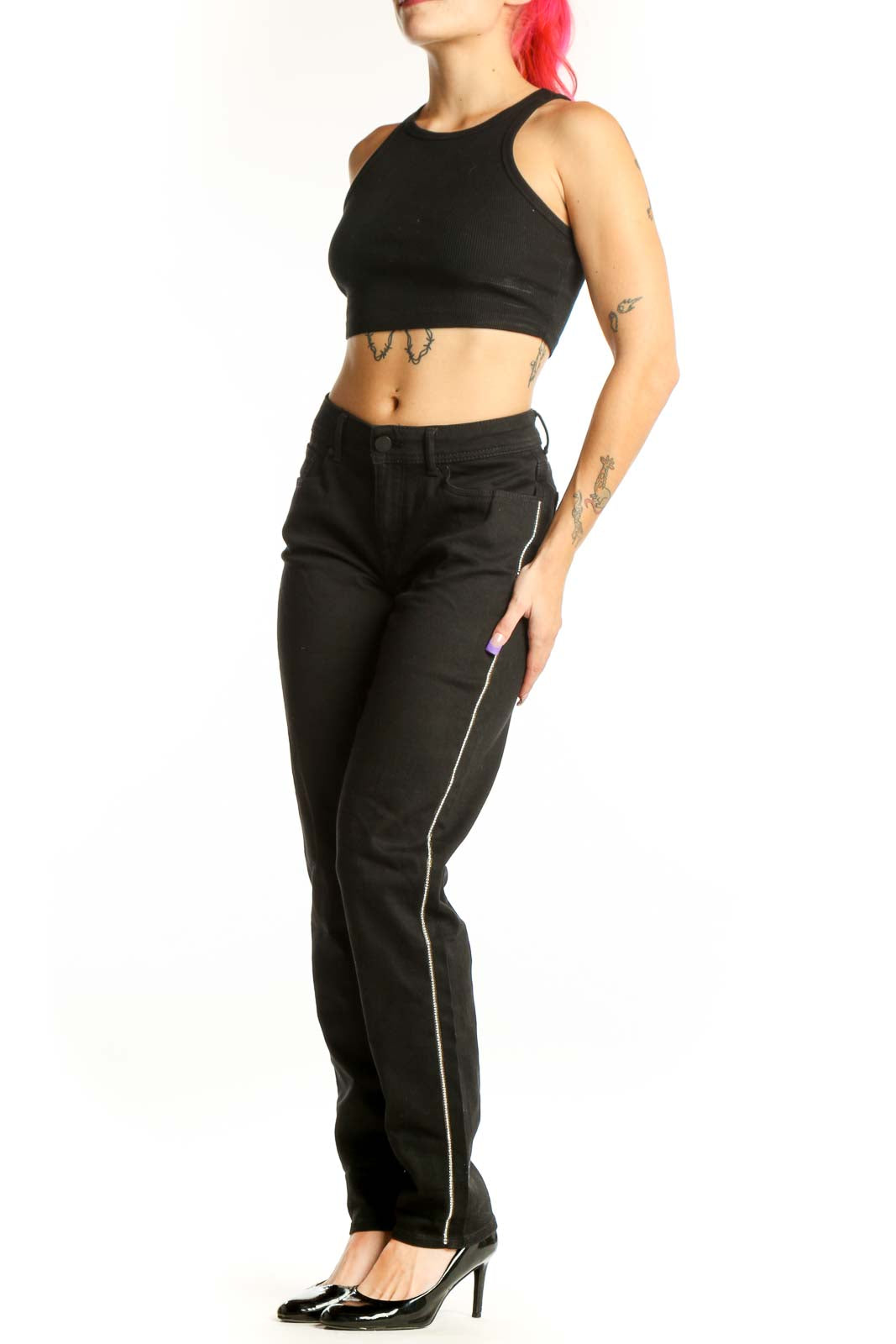 Black Jordache denim jeans with side stripe, straight-leg cut, front view on model